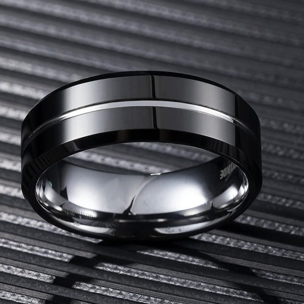 Mens Tungsten Wedding Band (8mm). Black Polished Tungsten Ring w/ Silver Tone.